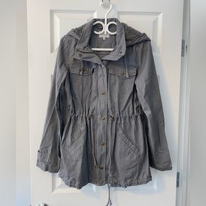 Utility jacket with hood and drawstring waist